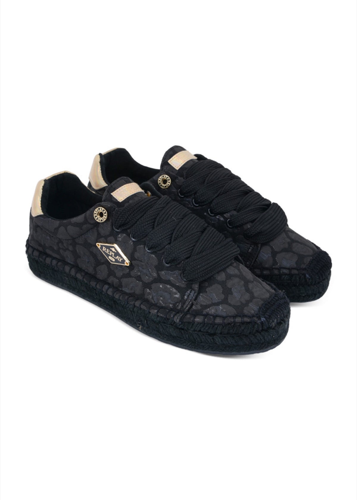Replay crne ženske espadrile s leopard printom i širokim vezicama