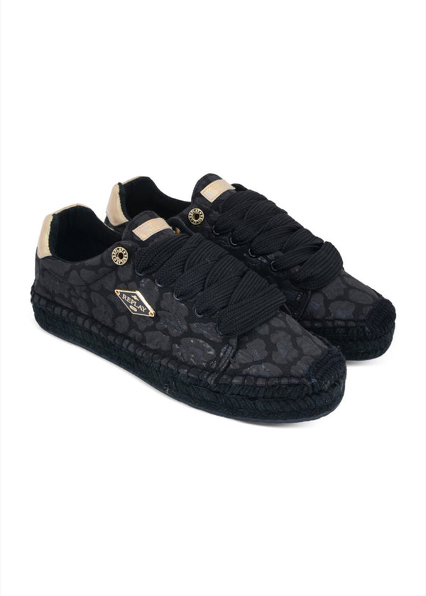 Replay crne ženske espadrile s leopard printom i širokim vezicama