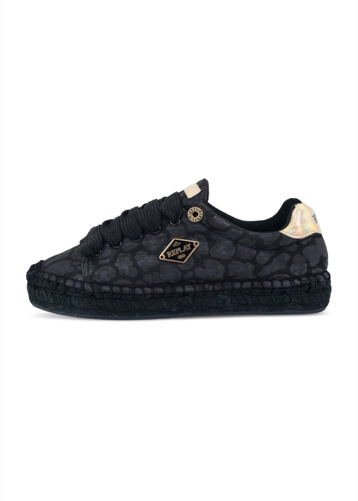 Replay crne ženske espadrile s leopard printom i širokim vezicama