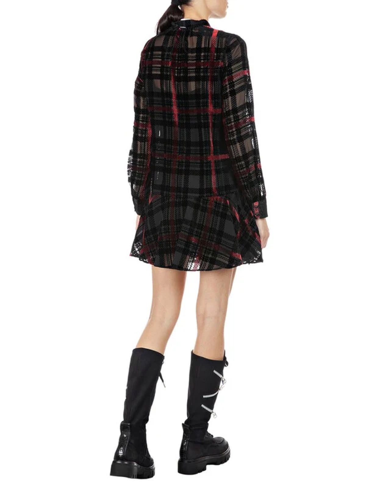 Replay karirana ženska haljina u crno bordo sa mašnom na vratu