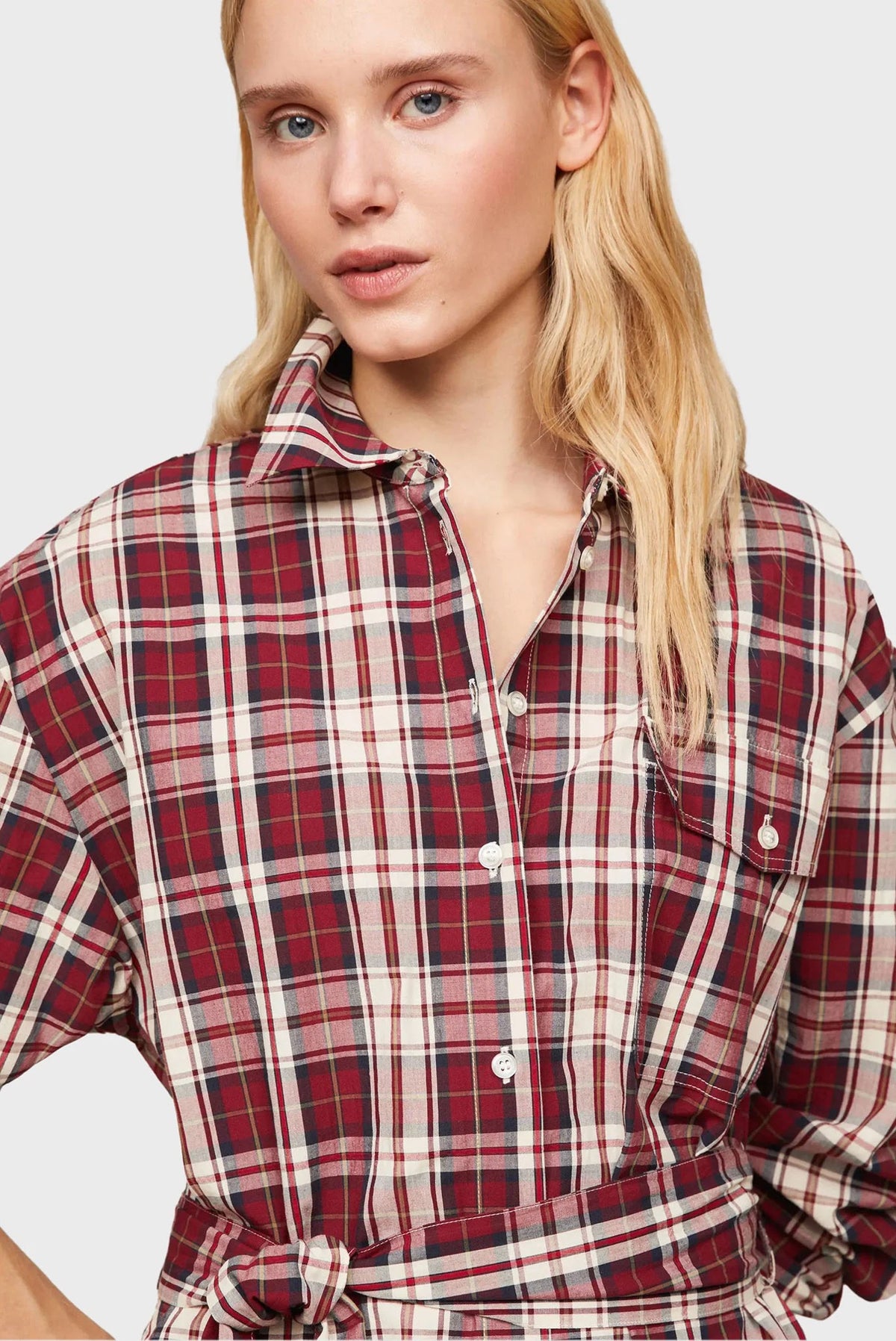 Tommy Hilfiger bordo karirana ženska košulja haljina midi sa pojasom