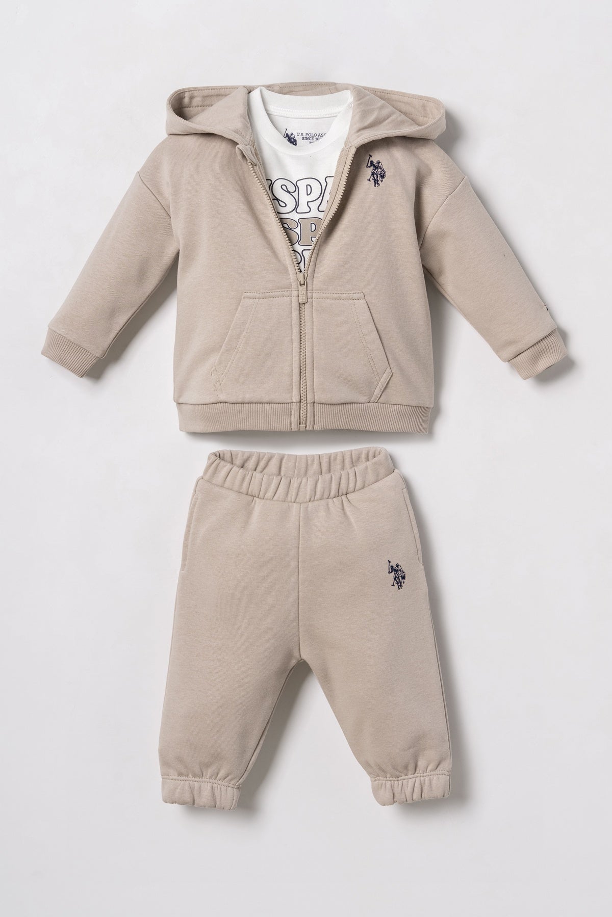 U.S. Polo Assn. bež trodijelni komplet s kapuljačom za bebe